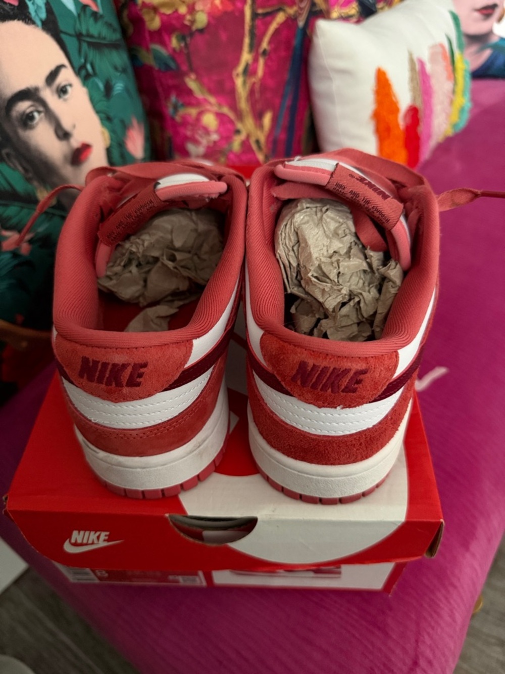 Nike Dunk Low Red and White Suede Sneakers with Burgundy Swoosh - Picture 4 of 10